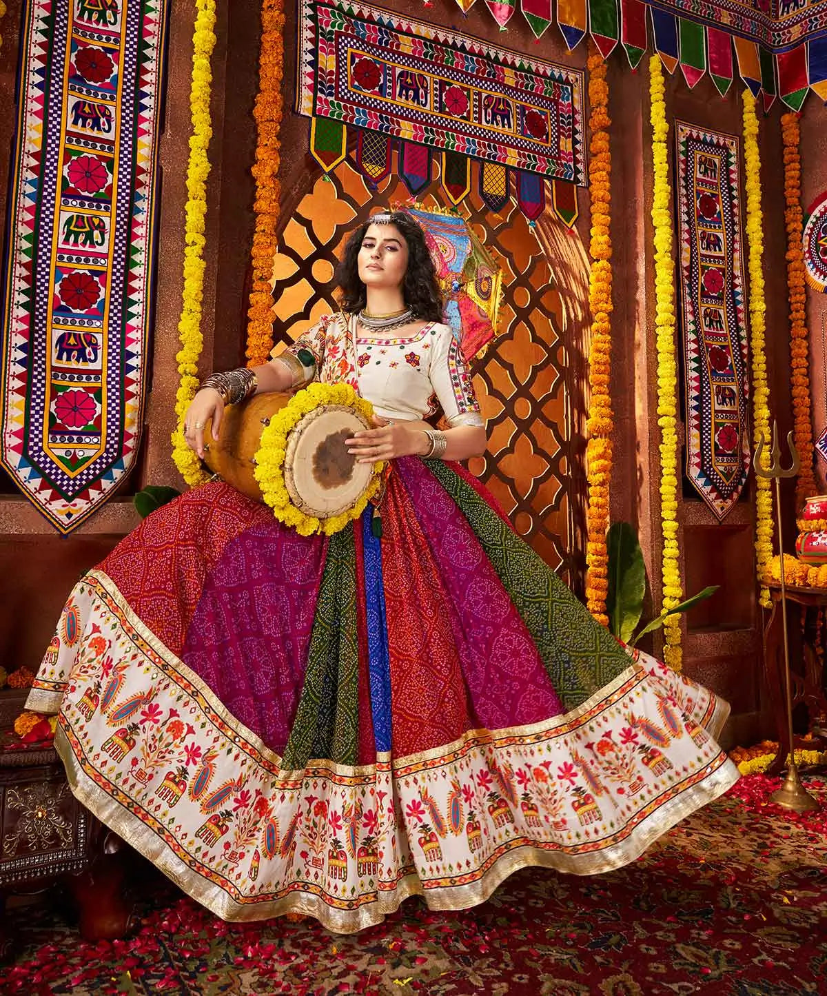 Multi Color Print With Real Mirror Work Navratri Lehenga With Dupatta