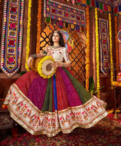 Multi Color Print With Real Mirror Work Navratri Lehenga With Dupatta