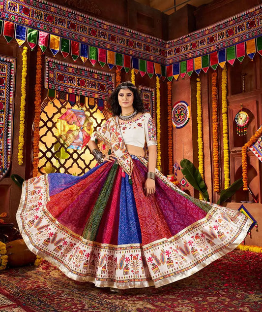 Multi Color Print With Real Mirror Work Navratri Lehenga With Dupatta
