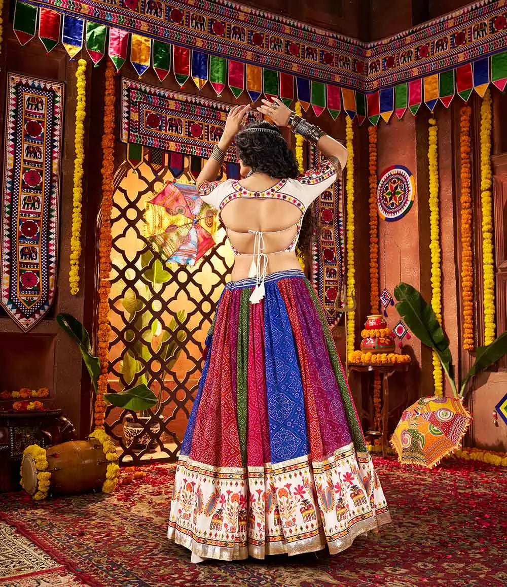 Multi Color Print With Real Mirror Work Navratri Lehenga With Dupatta