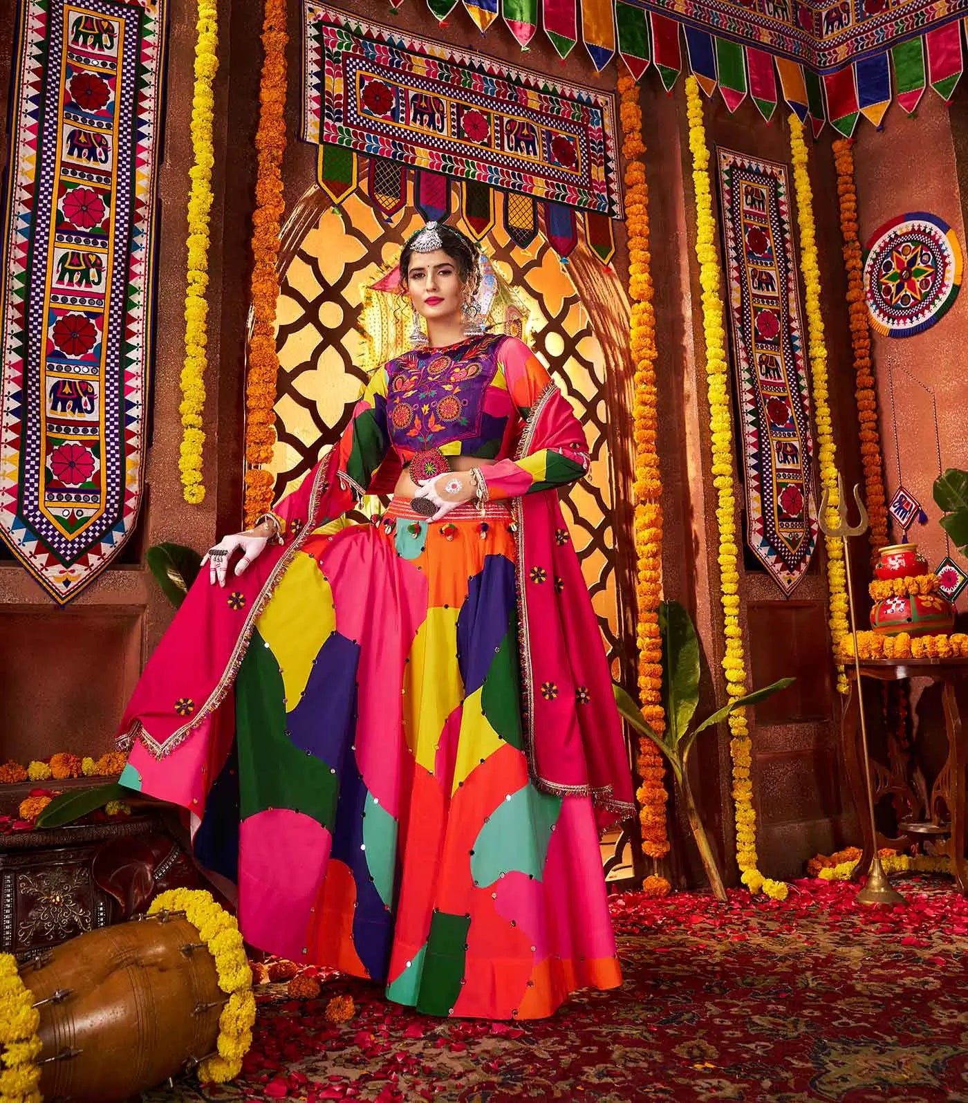 Multi Color Maslin Navratri Lehenga With Print & Real Mirror Work And Dupatta