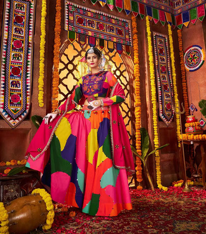 Multi Color Maslin Navratri Lehenga With Print & Real Mirror Work And Dupatta