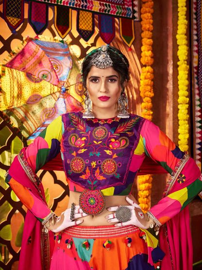 Multi Color Maslin Navratri Lehenga With Print & Real Mirror Work And Dupatta