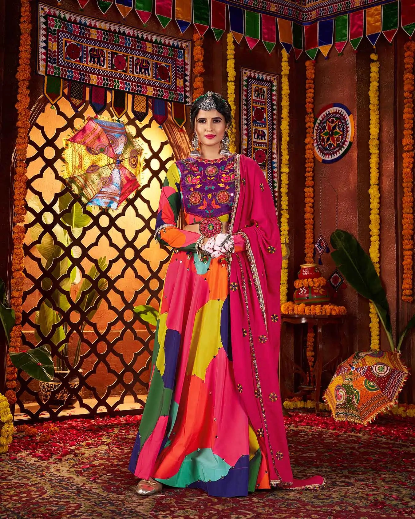 Multi Color Maslin Navratri Lehenga With Print & Real Mirror Work And Dupatta