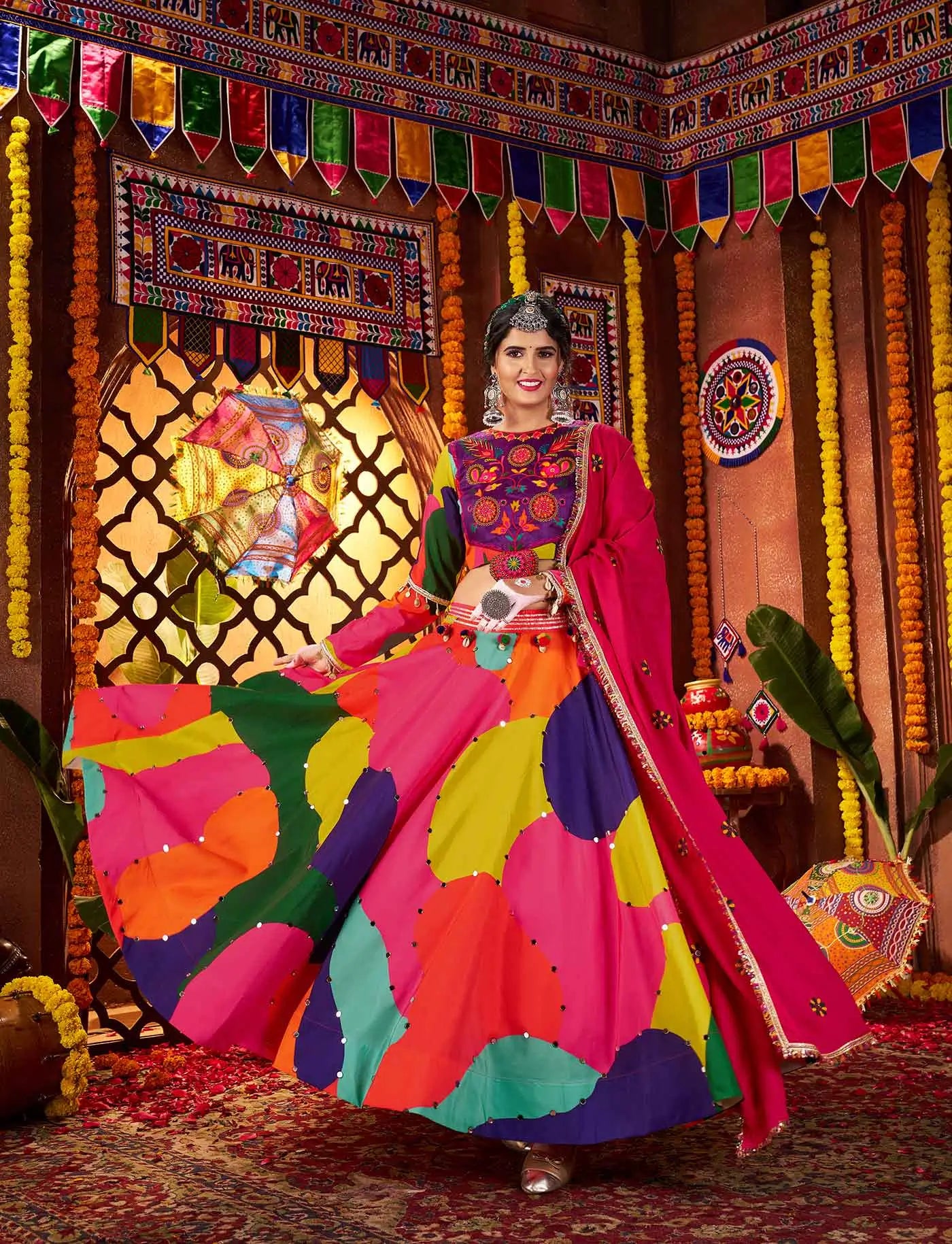 Multi Color Maslin Navratri Lehenga With Print & Real Mirror Work And Dupatta