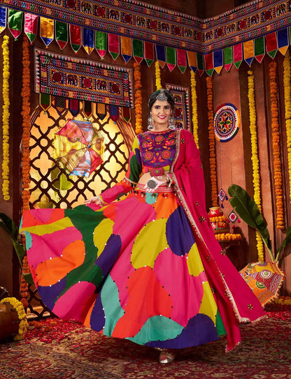 Multi Color Maslin Navratri Lehenga With Print & Real Mirror Work And Dupatta