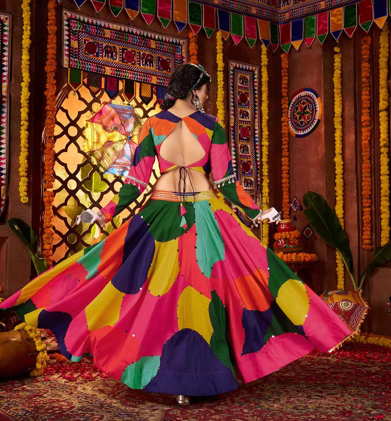 Multi Color Maslin Navratri Lehenga With Print & Real Mirror Work And Dupatta