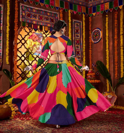 Multi Color Maslin Navratri Lehenga With Print & Real Mirror Work And Dupatta