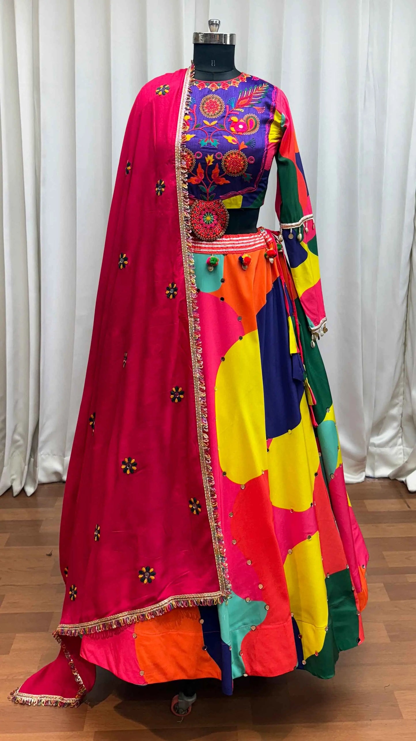 Multi Color Maslin Navratri Lehenga With Print & Real Mirror Work And Dupatta