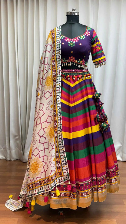 Multi Color Print With Real Mirror Work Navratri Lehenga And Dupatta
