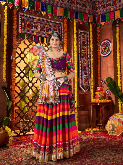 Multi Color Print With Real Mirror Work Navratri Lehenga And Dupatta
