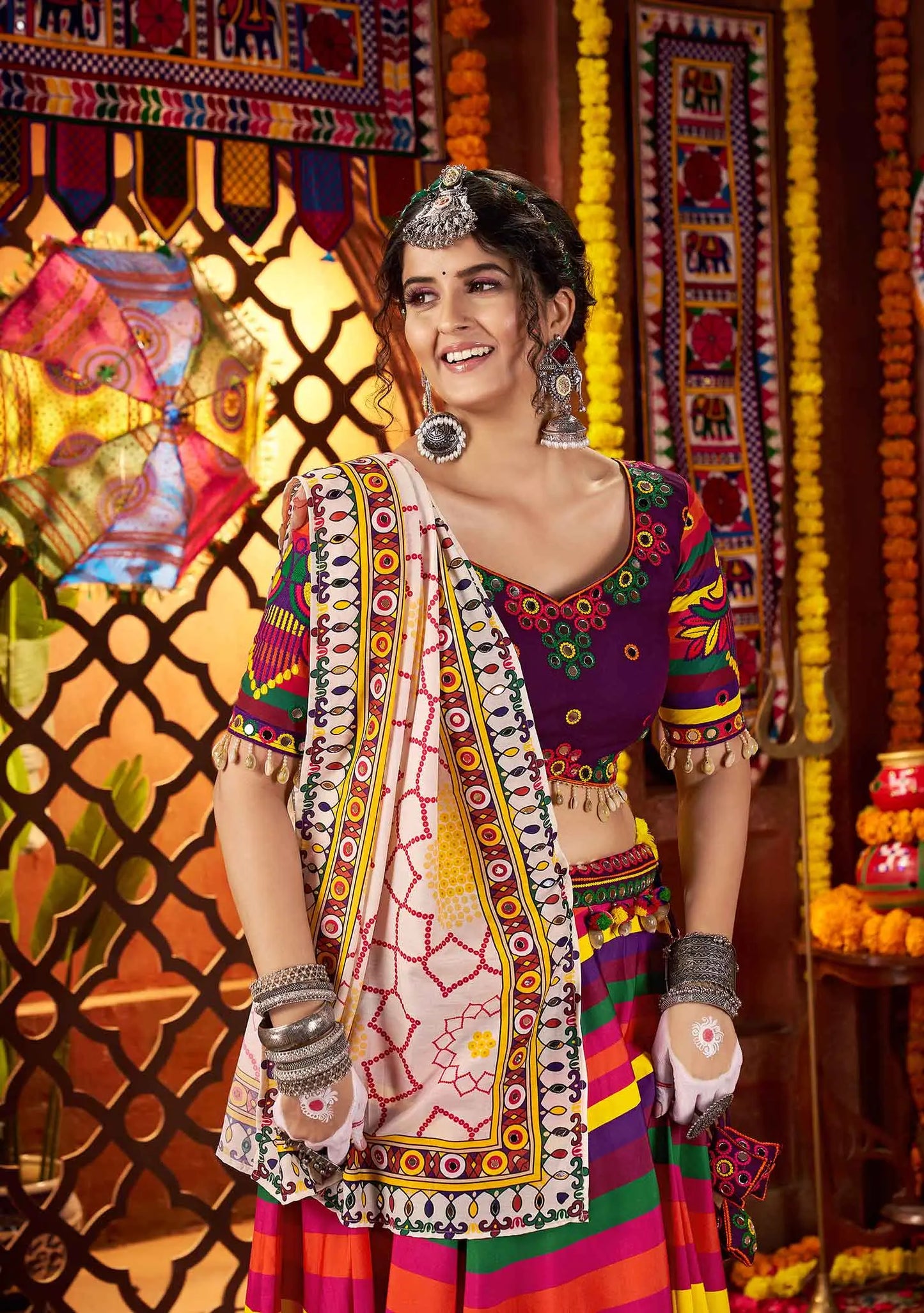 Multi Color Print With Real Mirror Work Navratri Lehenga And Dupatta