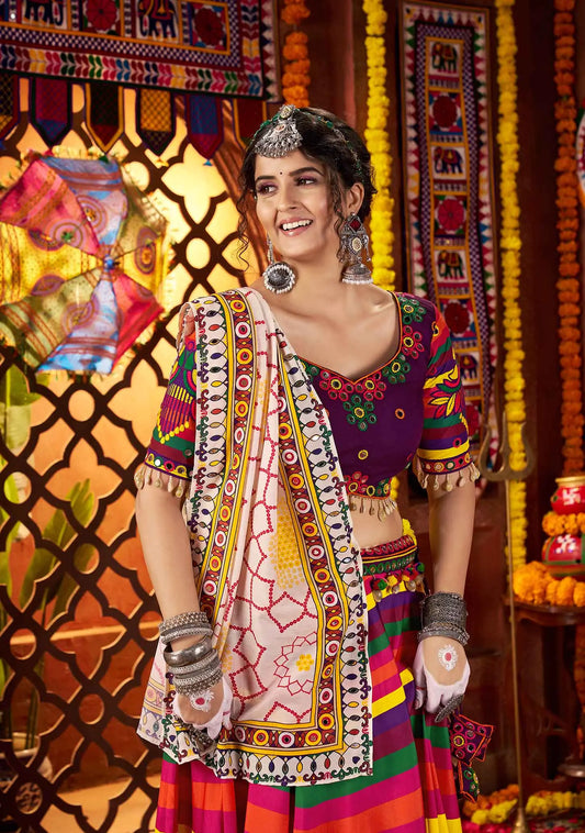 Multi Color Print With Real Mirror Work Navratri Lehenga And Dupatta