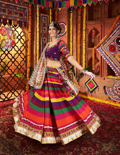 Multi Color Print With Real Mirror Work Navratri Lehenga And Dupatta