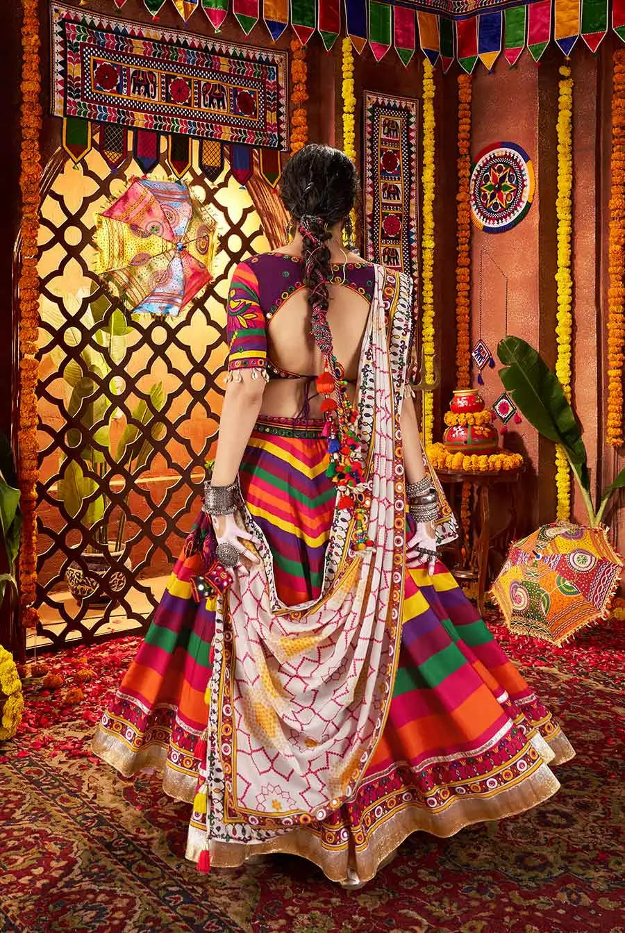 Multi Color Print With Real Mirror Work Navratri Lehenga And Dupatta