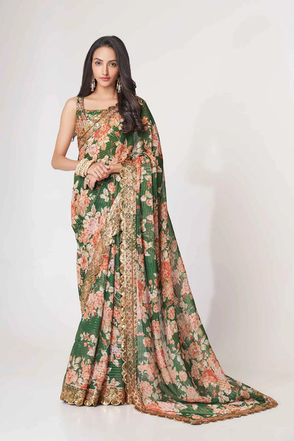 Green Floral Print Organza Saree With Sequins Work