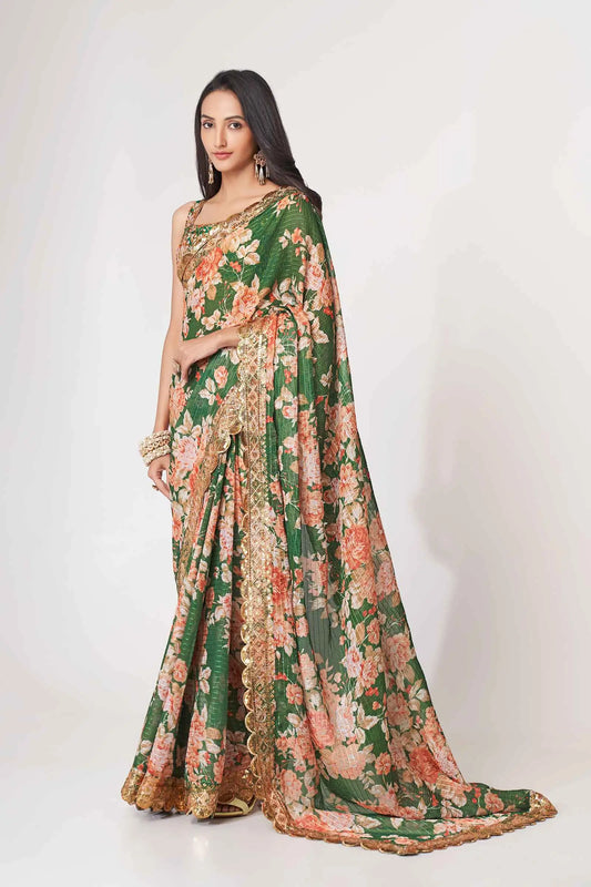 Green Floral Print Organza Saree With Sequins Work