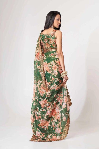 Green Floral Print Organza Saree With Sequins Work
