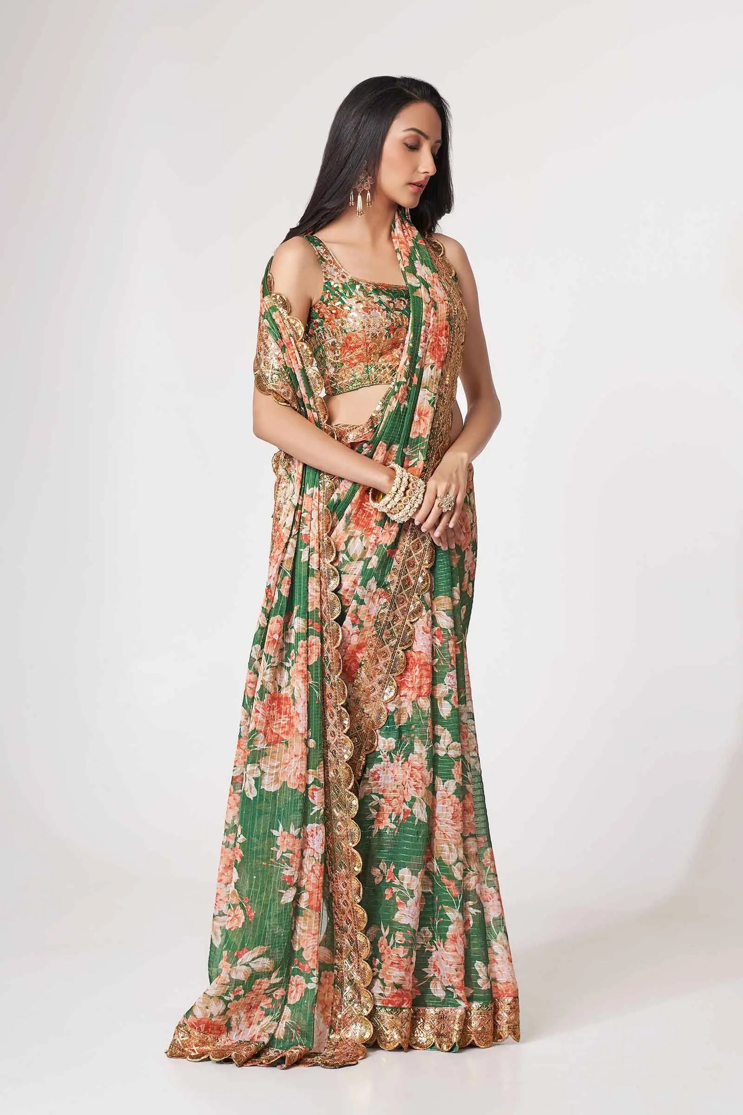 Green Floral Print Organza Saree With Sequins Work
