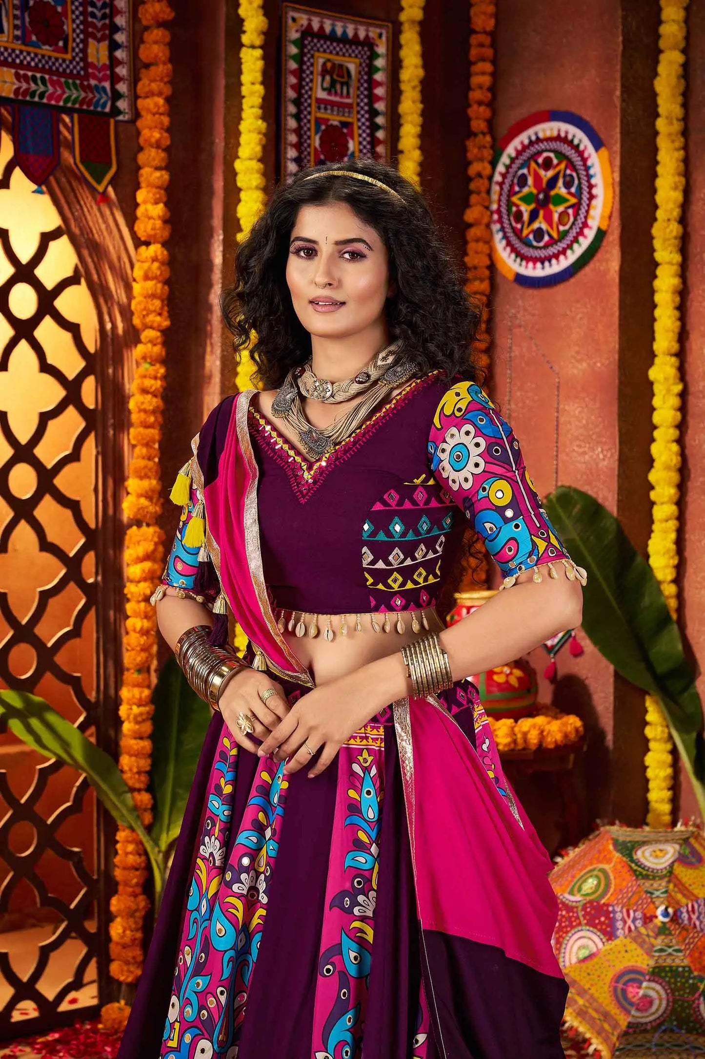 Purple Digital Print With Thread And Mirror Work Lehenga For Navratri