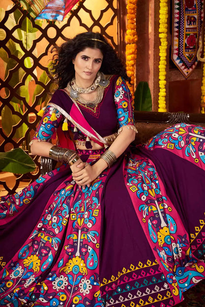 Purple Digital Print With Thread And Mirror Work Lehenga For Navratri