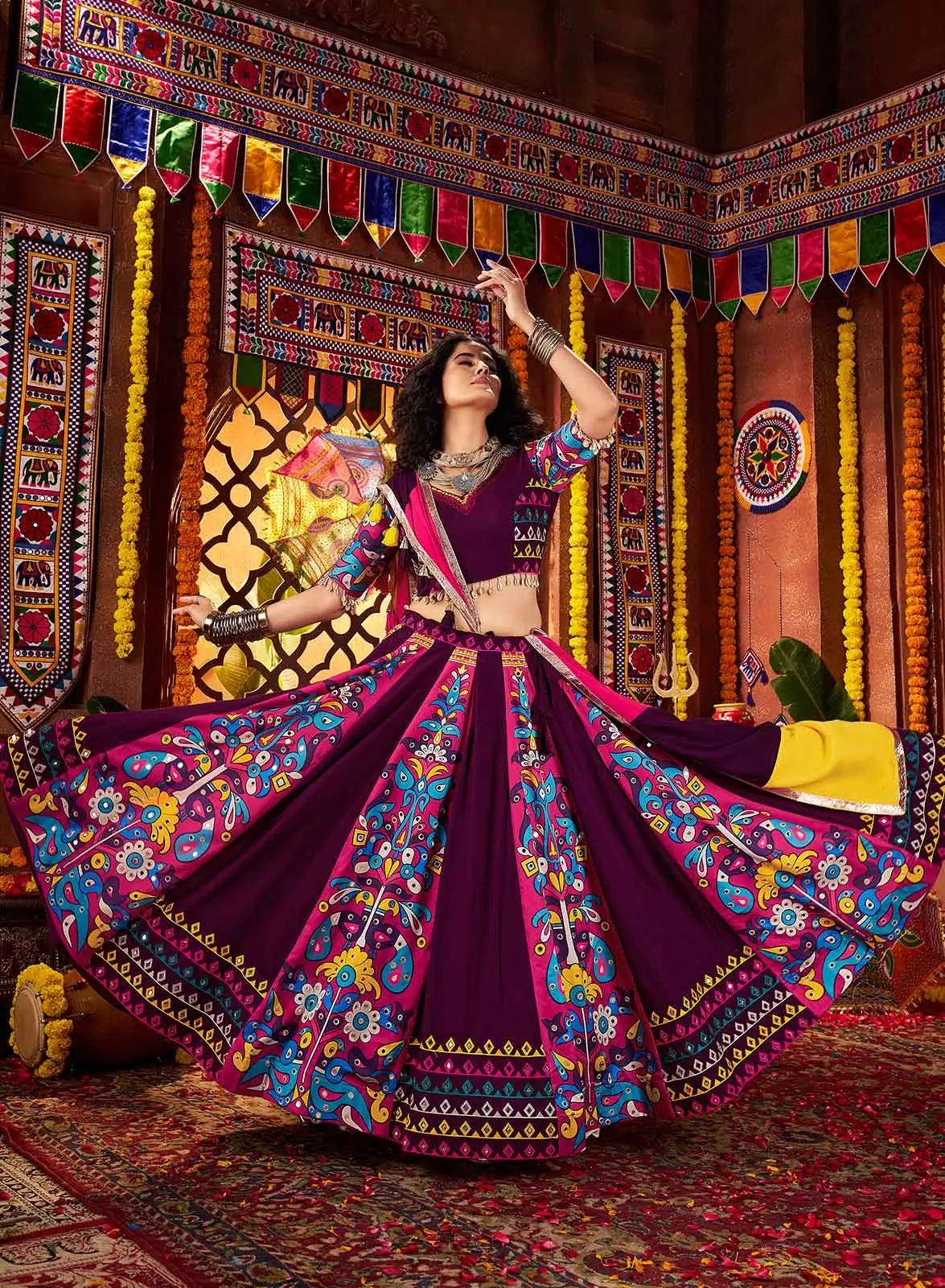 Purple Digital Print With Thread And Mirror Work Lehenga For Navratri