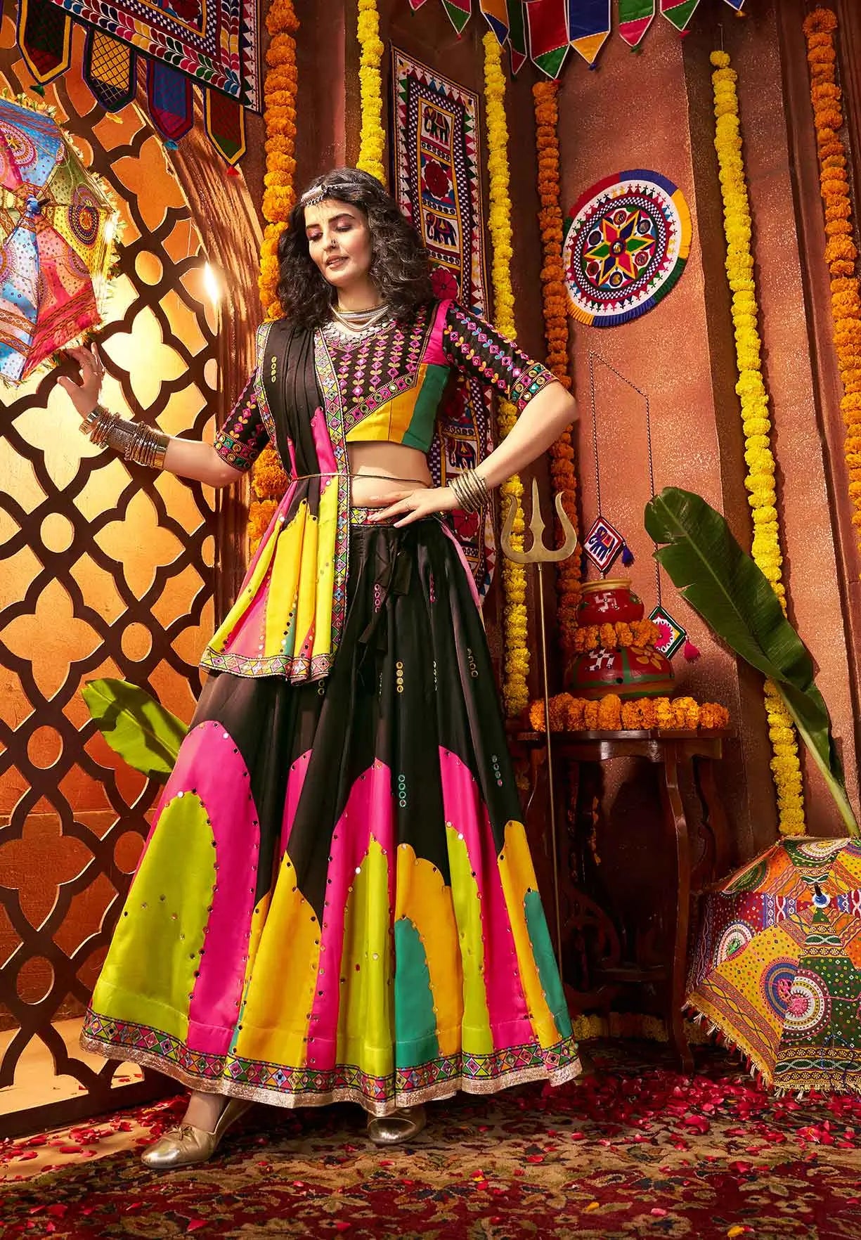 Black Gajji Silk Digital Print With Mirror Work Navratri Lehenga Choli