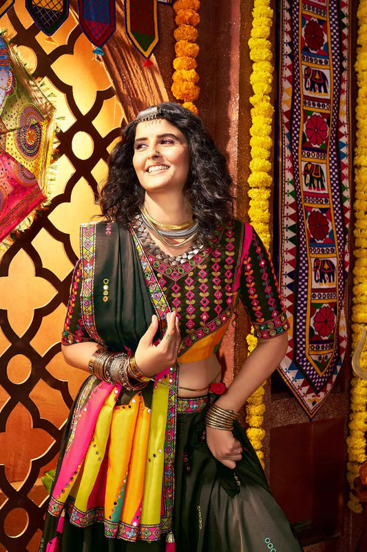 Black Gajji Silk Digital Print With Mirror Work Navratri Lehenga Choli