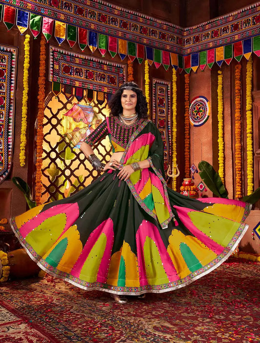 Black Gajji Silk Digital Print With Mirror Work Navratri Lehenga Choli