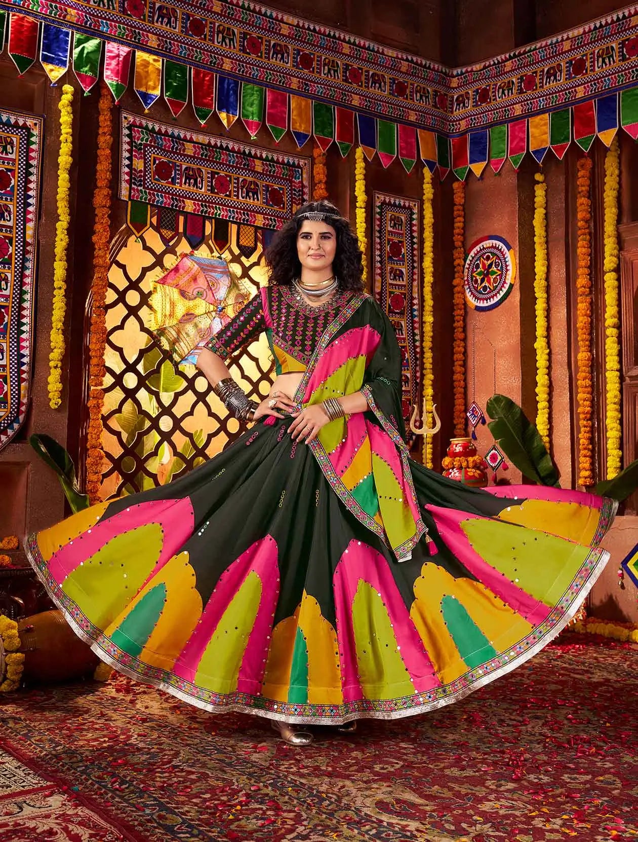 Black Gajji Silk Digital Print With Mirror Work Navratri Lehenga Choli