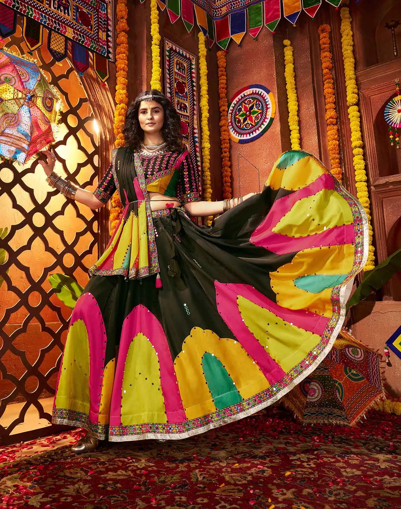 Black Gajji Silk Digital Print With Mirror Work Navratri Lehenga Choli