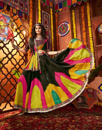 Black Gajji Silk Digital Print With Mirror Work Navratri Lehenga Choli