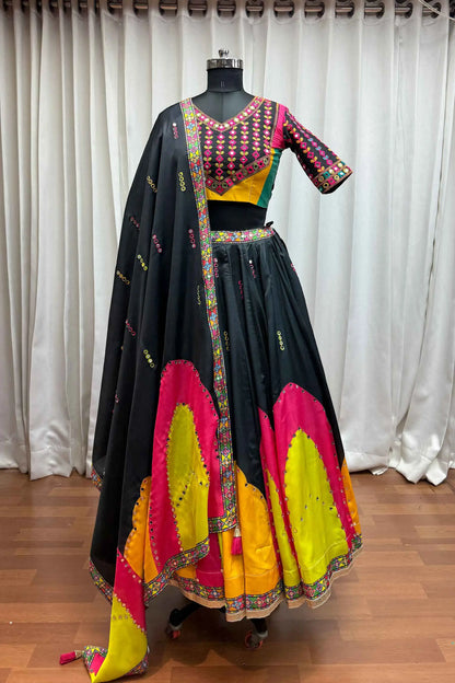 Black Gajji Silk Digital Print With Mirror Work Navratri Lehenga Choli