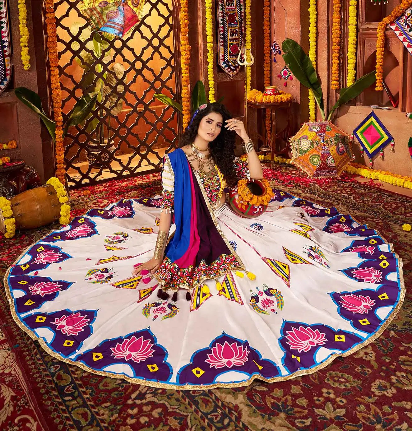 Wonderful White Lotus Print With Mirror Work Lehenga For Navratri