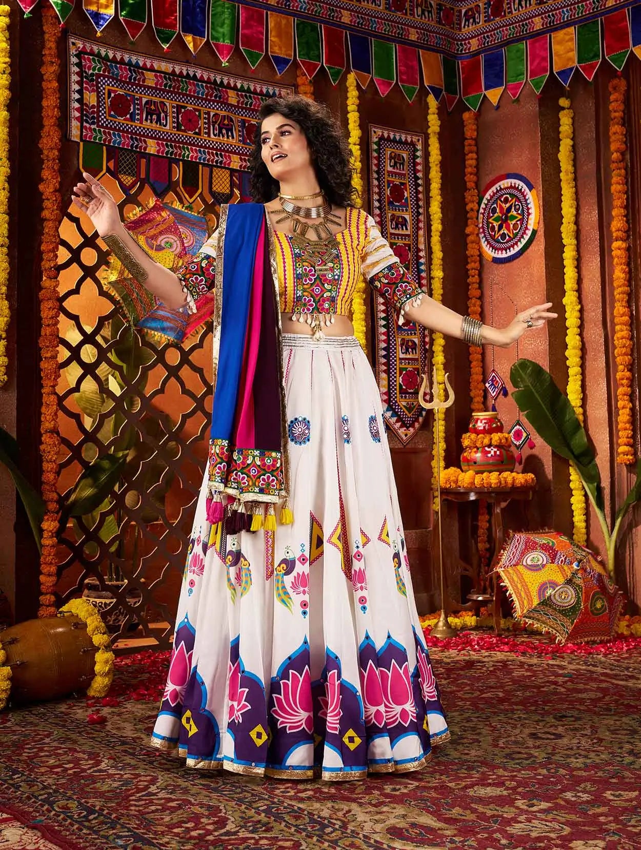 Wonderful White Lotus Print With Mirror Work Lehenga For Navratri