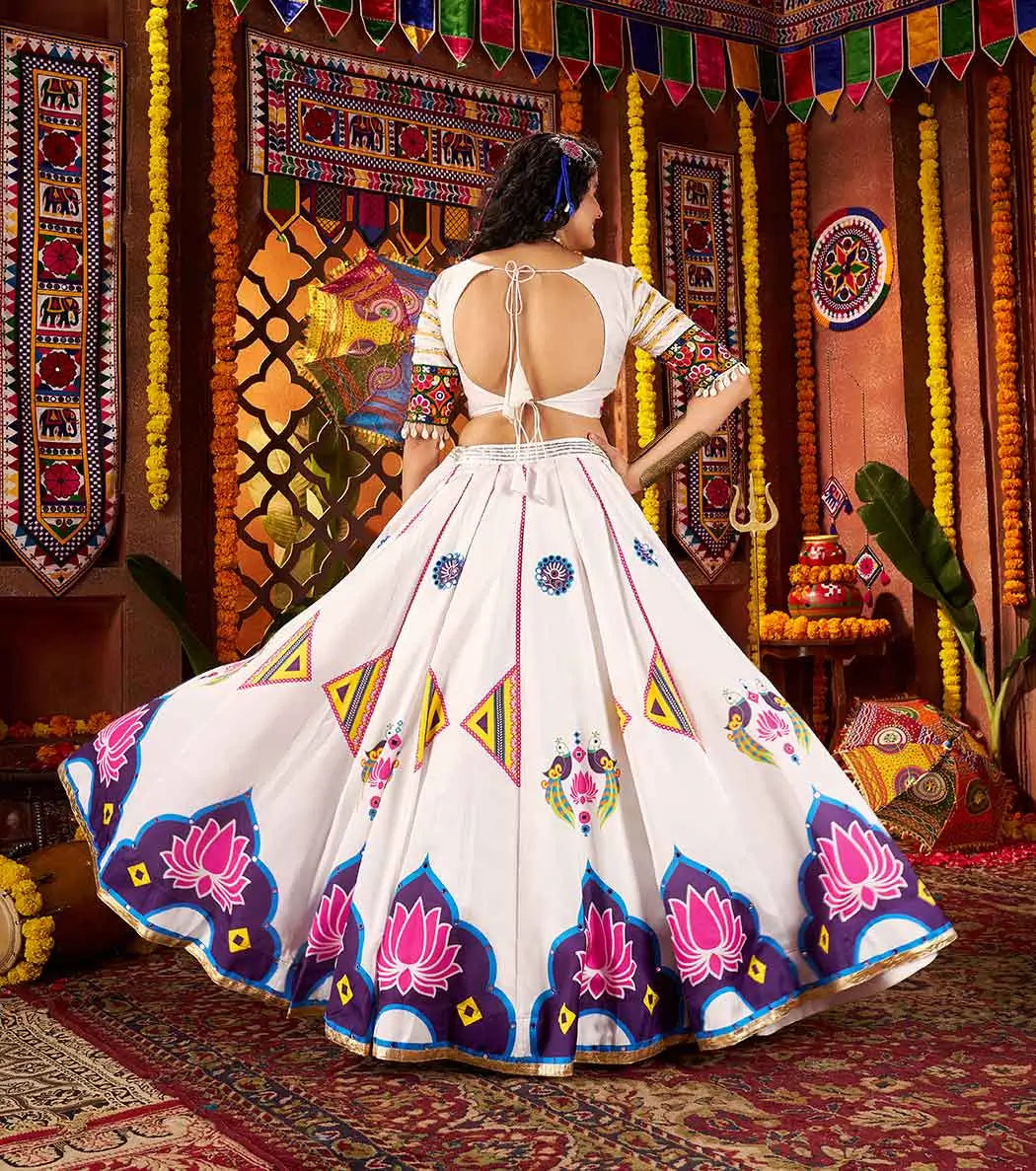 Wonderful White Lotus Print With Mirror Work Lehenga For Navratri