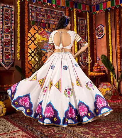 Wonderful White Lotus Print With Mirror Work Lehenga For Navratri