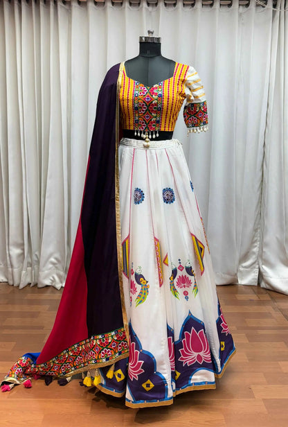 Wonderful White Lotus Print With Mirror Work Lehenga For Navratri