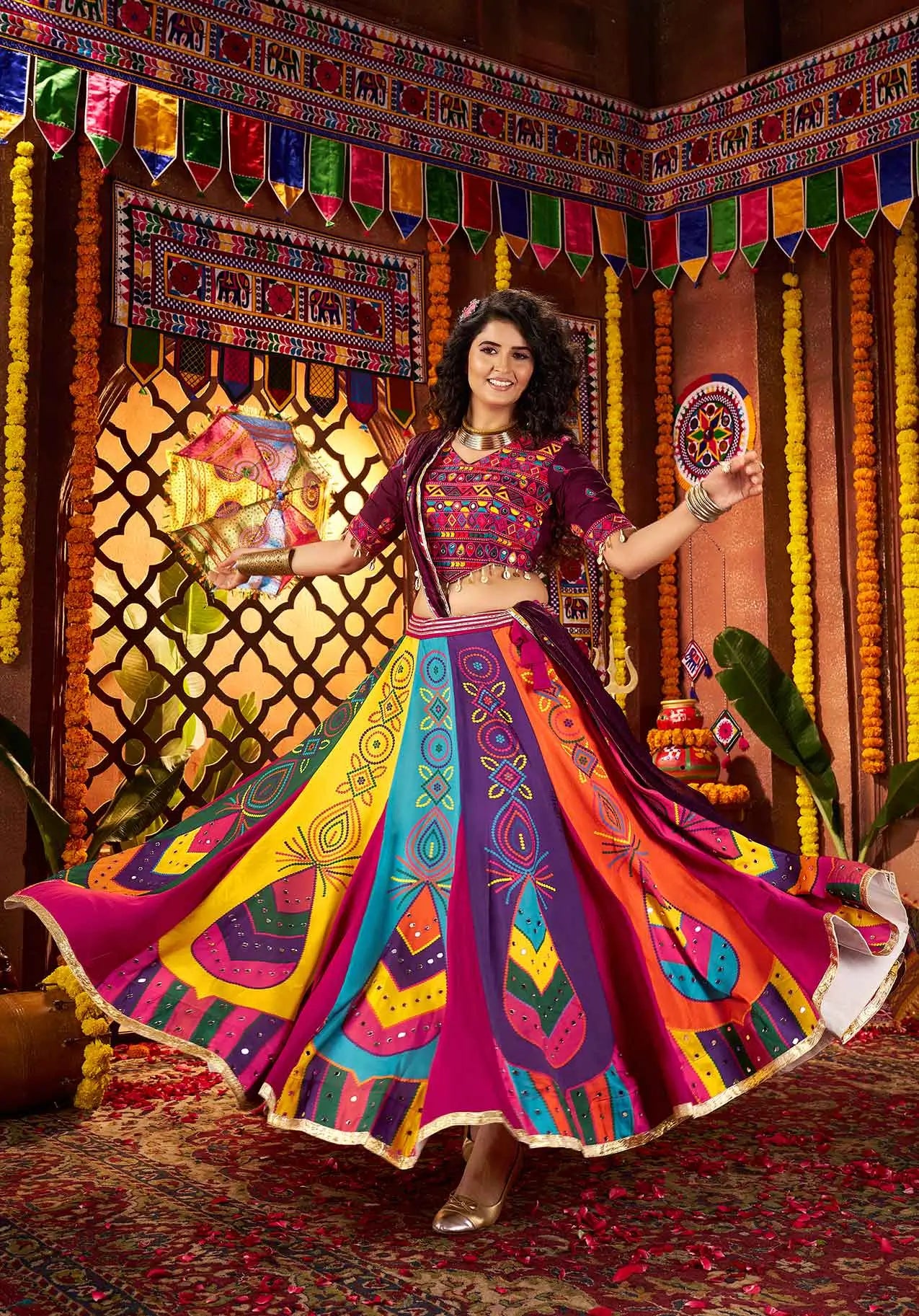 Multi Color Digital Print Lehenga With Multi Thread And Mirror Work