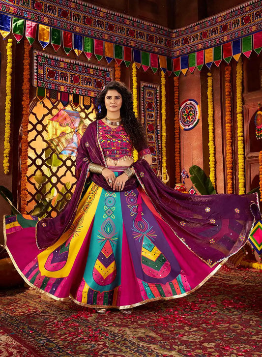 Multi Color Digital Print Lehenga With Multi Thread And Mirror Work