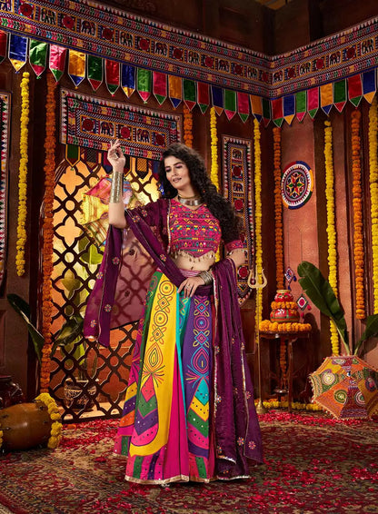 Multi Color Digital Print Lehenga With Multi Thread And Mirror Work