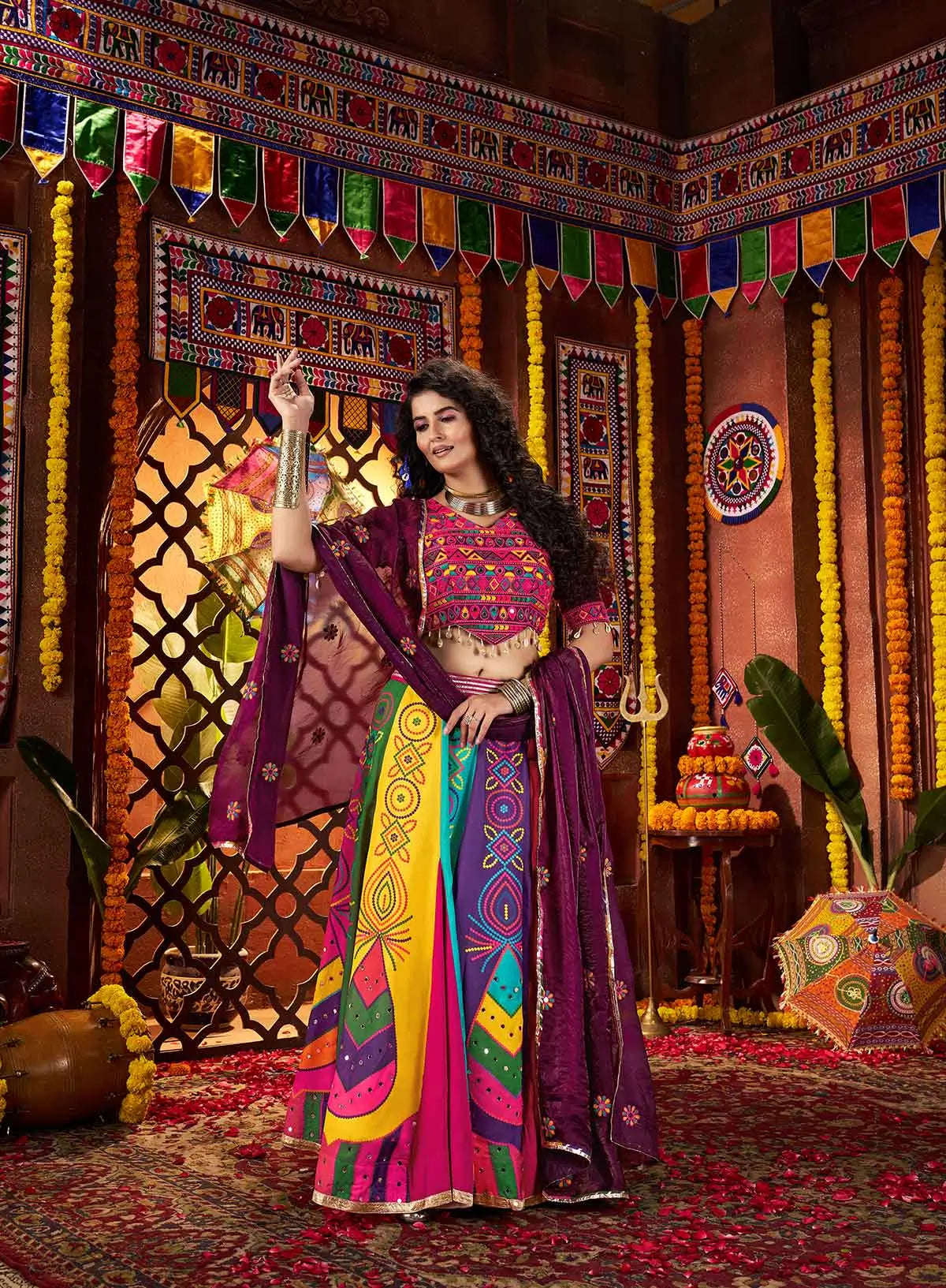 Multi Color Digital Print Lehenga With Multi Thread And Mirror Work