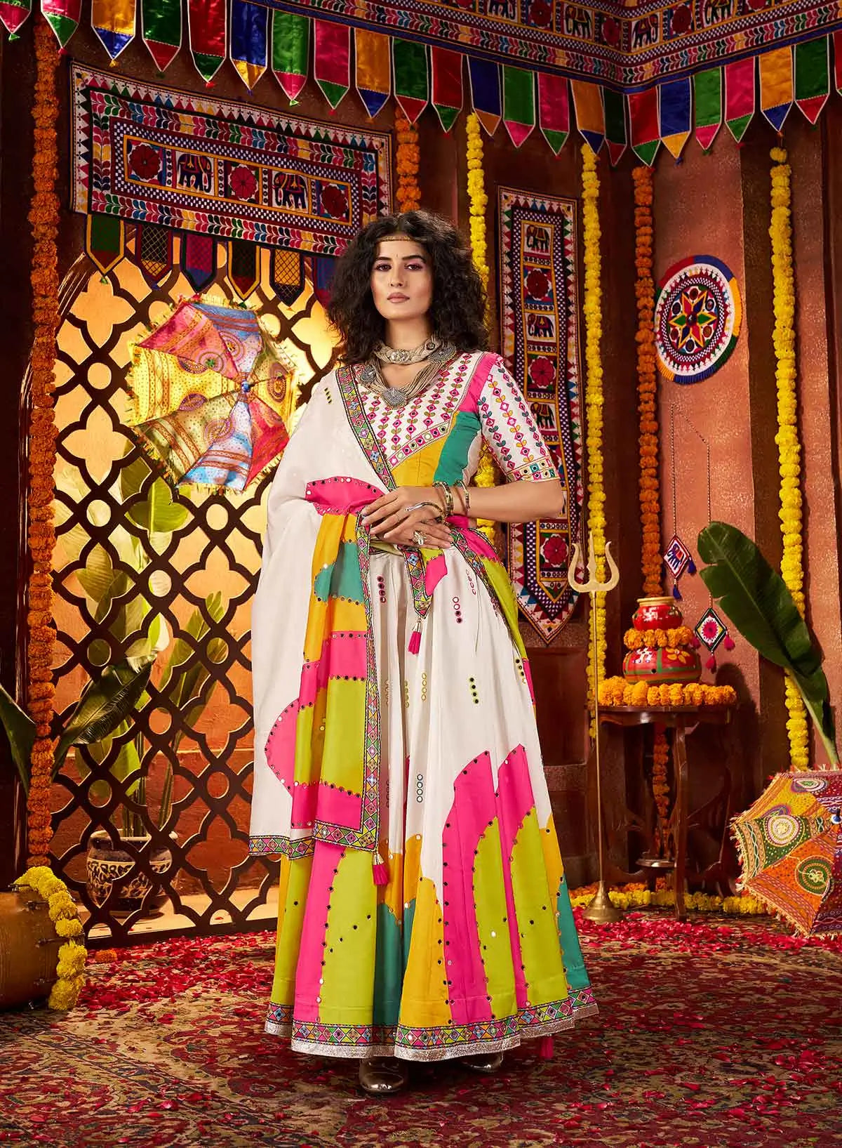 White Gajji Silk Digital Print Lehenga With Thread And Mirror Work Choli