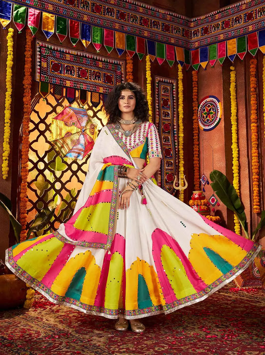 White Gajji Silk Digital Print Lehenga With Thread And Mirror Work Choli