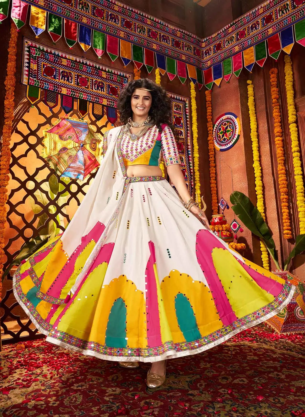 White Gajji Silk Digital Print Lehenga With Thread And Mirror Work Choli