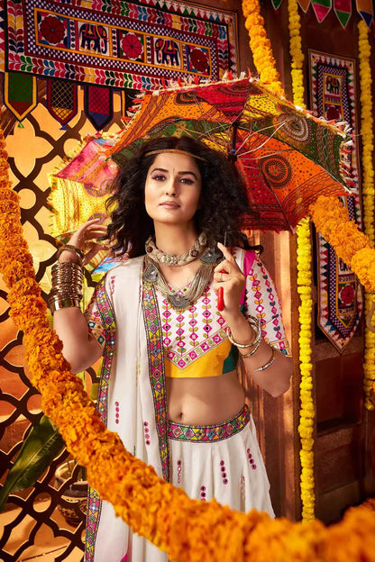 White Gajji Silk Digital Print Lehenga With Thread And Mirror Work Choli