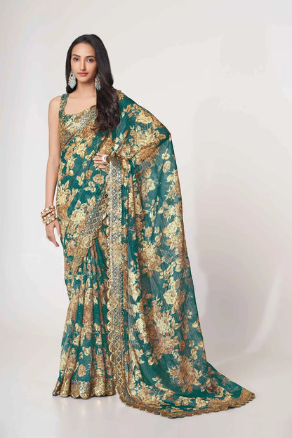 Teal Blue Floral Print Organza Saree With Sequins Work