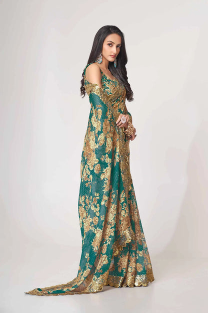 Teal Blue Floral Print Organza Saree With Sequins Work