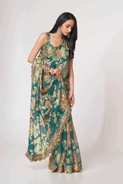 Teal Blue Floral Print Organza Saree With Sequins Work