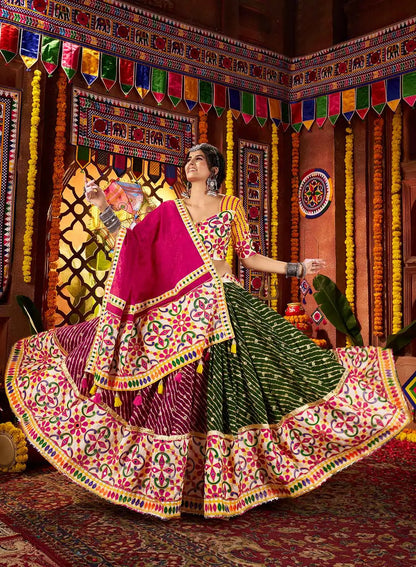 Multi Color Navratri Lehenga Print With Embroidery And Mirror Work